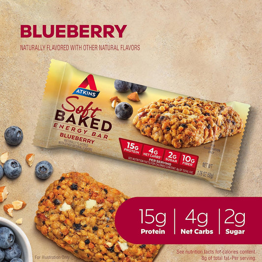 Atkins Soft Baked Energy Bars, Blueberry, 15G Protein,2G Sugar, Excellent Source Of Fiber, Low Carb, 4 Packs (5 Bars Each)