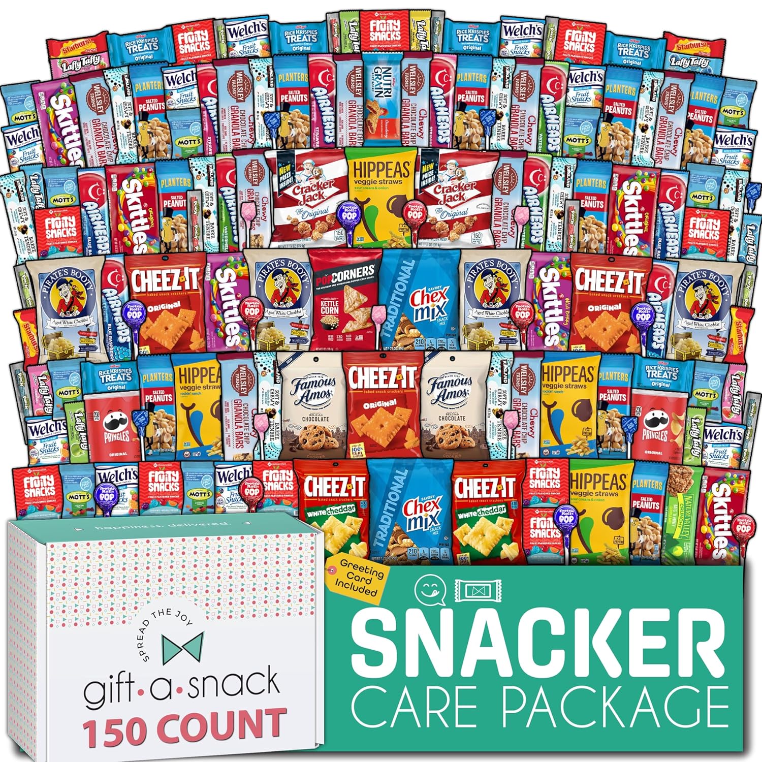 Gift A Snack - Back To School Gifts For Students Snack Box Care Package Variety Pack + Greeting Card (150 Count) Birthday Sweet Treats Gift Basket, Candies Chips Crackers Bars, Food Assortments Variety