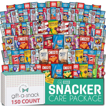 Gift A Snack - Back To School Gifts For Students Snack Box Care Package Variety Pack + Greeting Card (150 Count) Birthday Sweet Treats Gift Basket, Candies Chips Crackers Bars, Food Assortments Variety