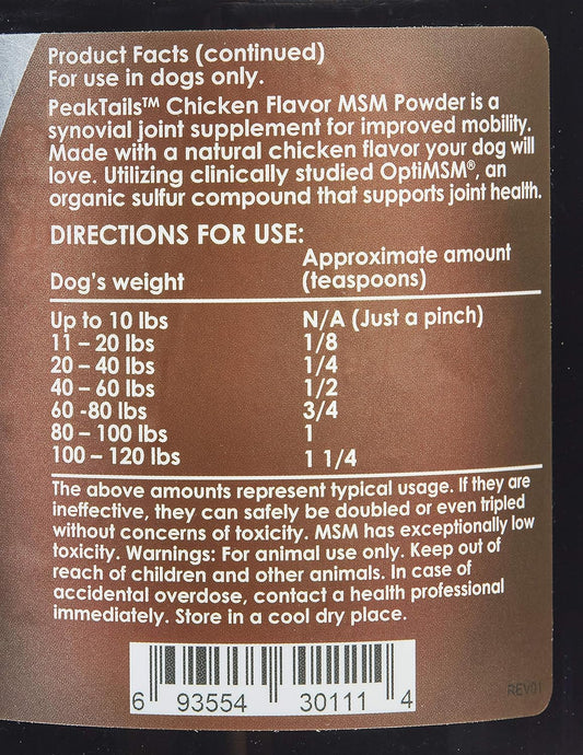 Kala Health Peaktails Chicken Flavored Msm Powder For Dogs, 1 Lb, Hip And Joint Support Supplement, Pure And Distilled Us-Sourced Msm