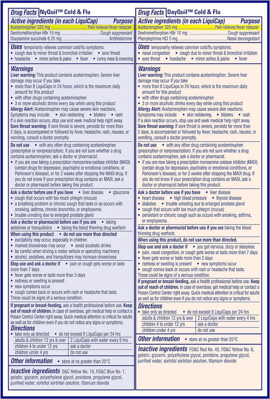 Vicks Dayquil And Nyquil Combo Pack, Cold & Flu Medicine, Powerful Multi-Symptom Daytime And Nighttime Relief For Headache, Fever, Sore Throat, Cough, 24 Count, 16 Dayquil, 8 Nyquil Liquicaps