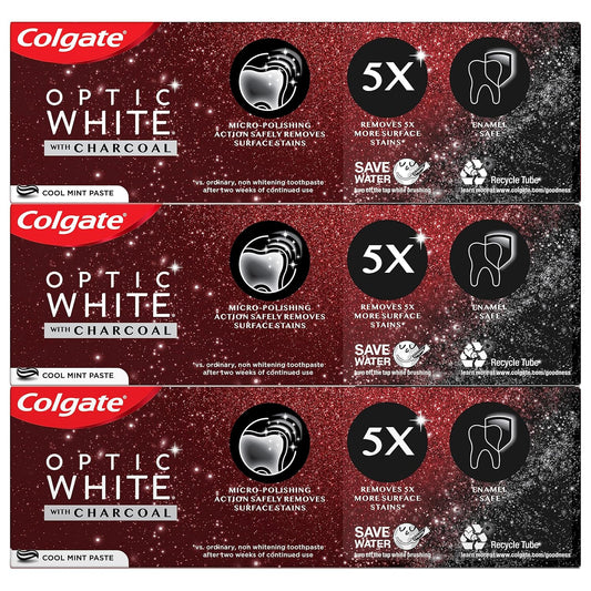 Colgate Optic White With Charcoal Whitening Toothpaste, Cool Mint Flavor, Safely Removes Surface Stains, Enamel-Safe For Daily Use, Teeth Whitening Toothpaste With Fluoride, 3 Pack, 4.2 Oz Tube