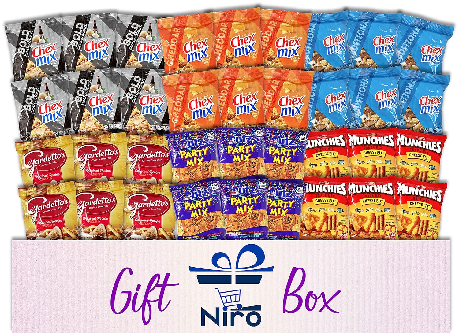Niro Assortment | Flavored Snack Mix & Party Mix Variety Pack, Low Calorie Snack Mix | Gardetto's, Utz, Munchies, and Chex Mix | Individual Packs | 36 Packs