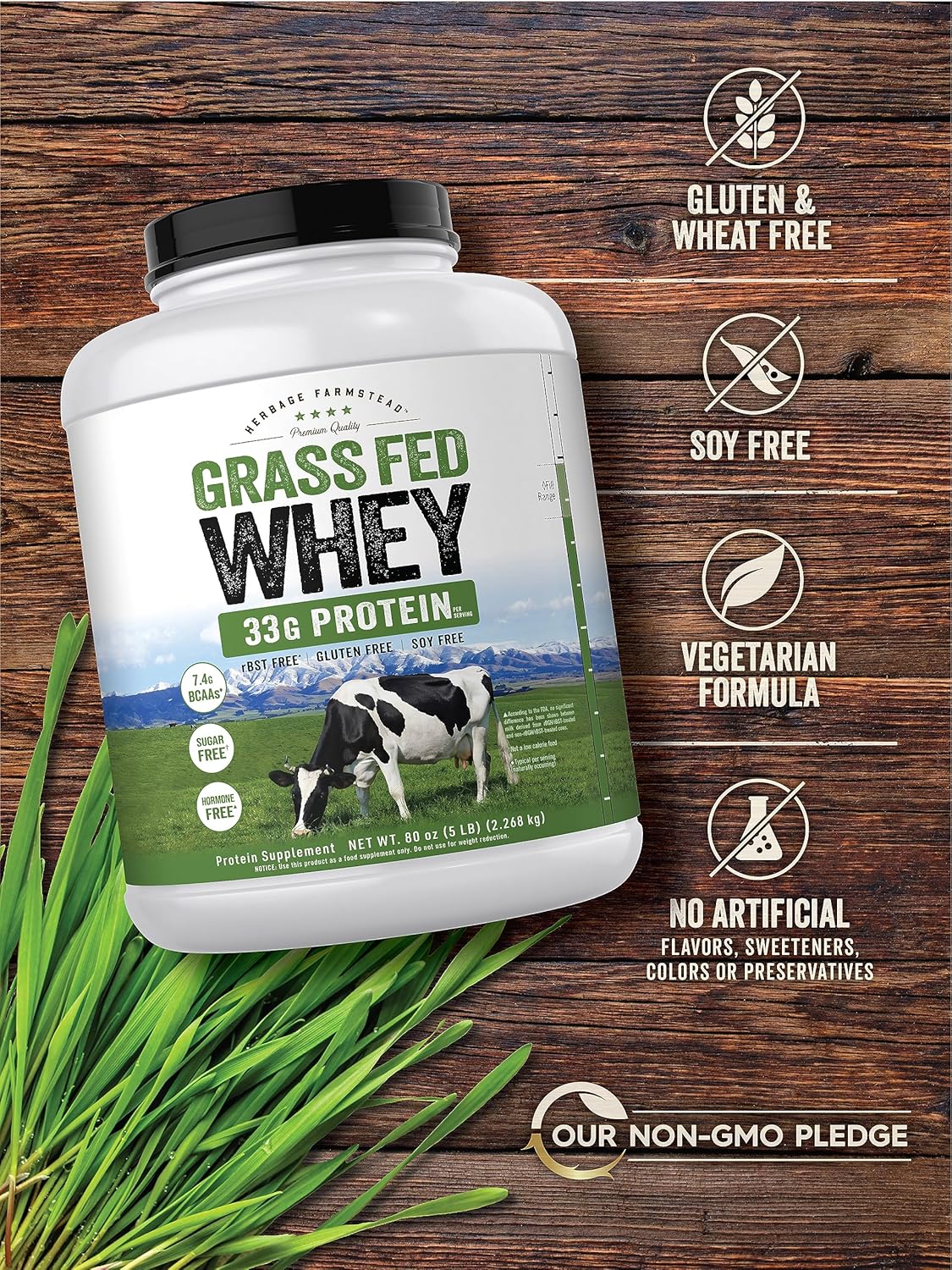 Carlyle Grass Fed Whey Protein Powder | 5lb (80 oz) | 33g of Protein Per Serving | Unflavored | Sugar and Hormone Free | Non-GMO and Gluten Free Supplement | by Herbage Farmstead : Health & Household