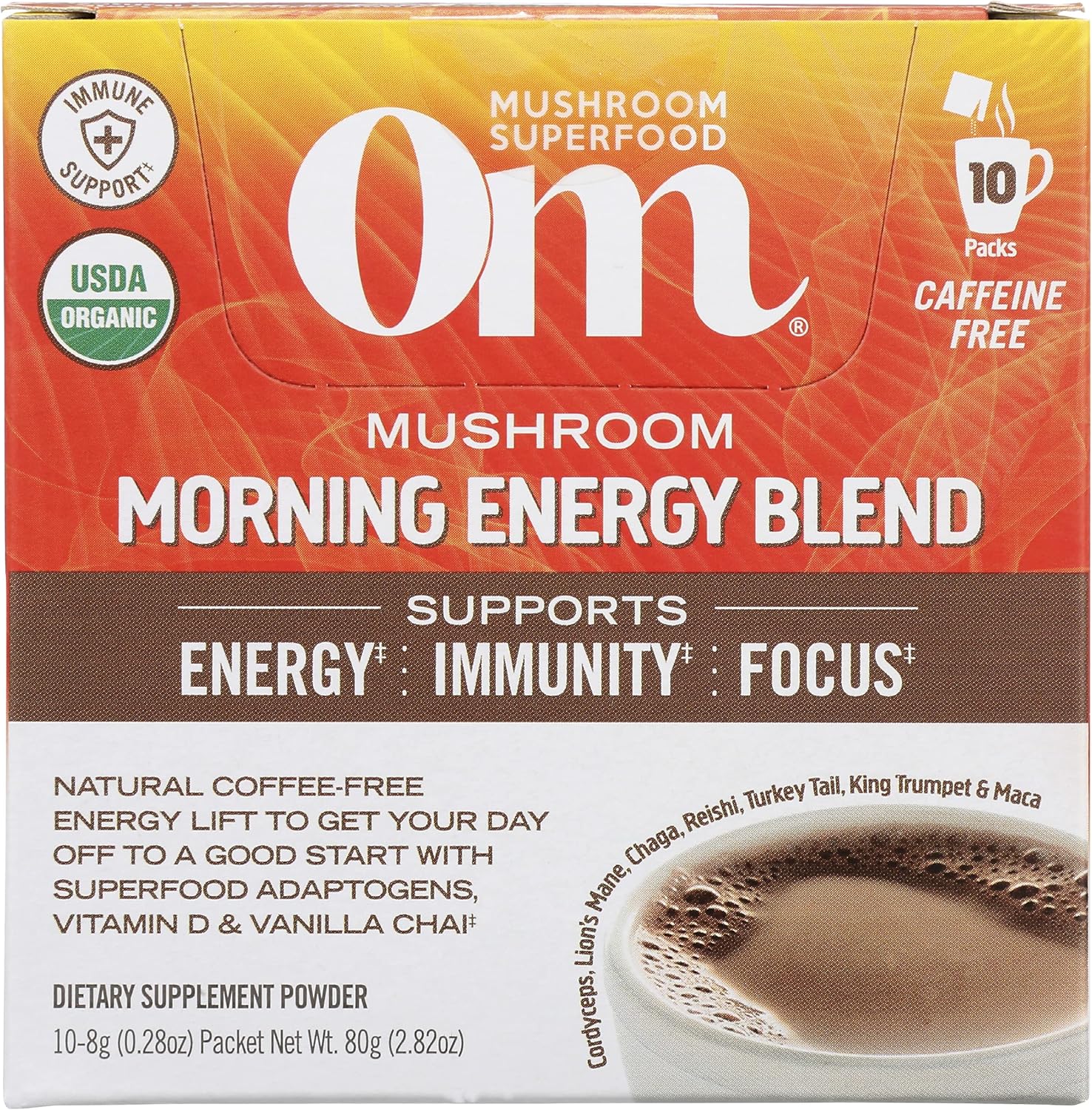 Om Mushroom Superfood Morning Energy Blend Mushroom Powder Drink, Coffee Free Energy Drink with Cordyceps, Vitamin D2, Agaricus Bisporus, Lion's Mane, Rhodiola, and Turkey Tail, 10 Count, 2.8