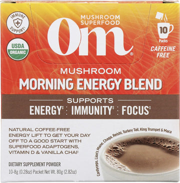 Om Mushroom Superfood Morning Energy Blend Mushroom Powder Drink, Coffee Free Energy Drink with Cordyceps, Vitamin D2, Agaricus Bisporus, Lion's Mane, Rhodiola, and Turkey Tail, 10 Count, 2.8