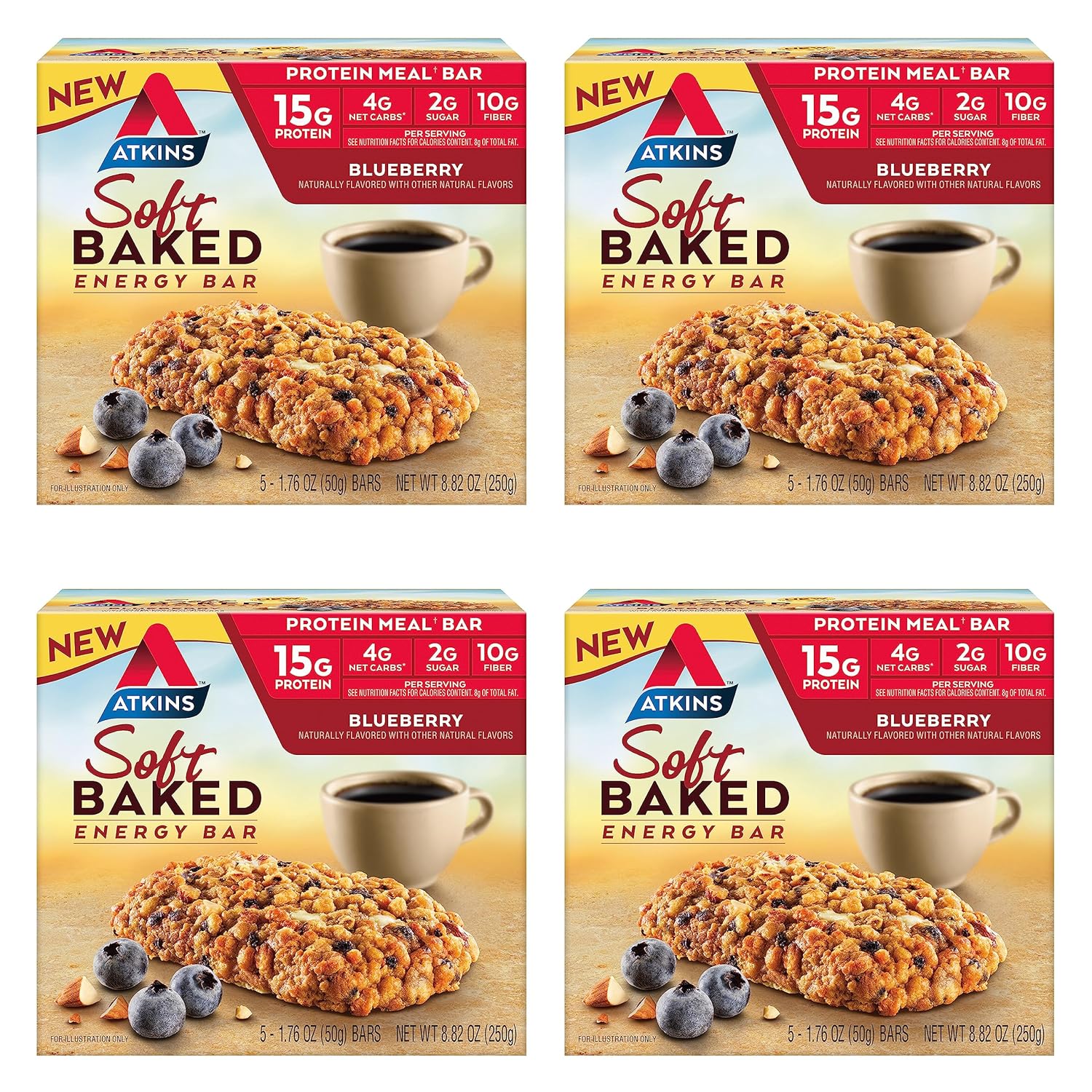 Atkins Soft Baked Energy Bars, Blueberry, 15g Protein,2g Sugar, Excellent Source of Fiber, Low Carb, 4 Packs (5 Bars Each)