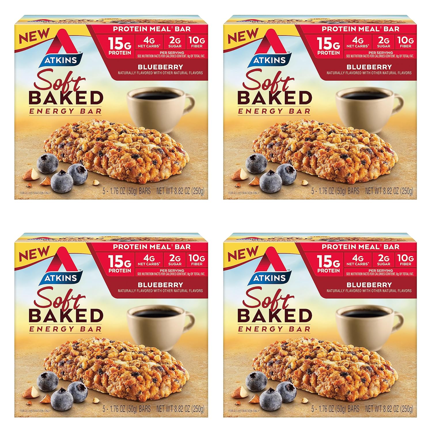 Atkins Soft Baked Energy Bars, Blueberry, 15G Protein,2G Sugar, Excellent Source Of Fiber, Low Carb, 4 Packs (5 Bars Each)