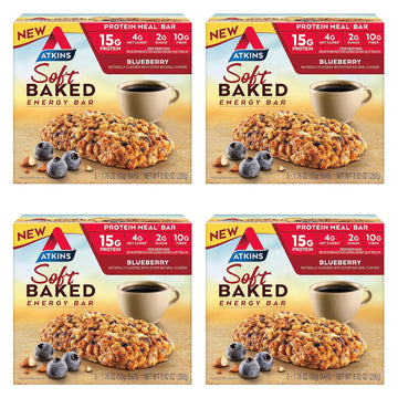 Atkins Soft Baked Energy Bars, Blueberry, 15G Protein,2G Sugar, Excellent Source Of Fiber, Low Carb, 4 Packs (5 Bars Each)