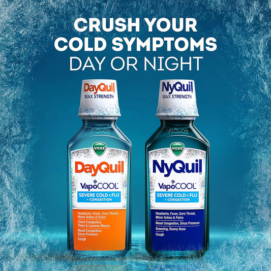 Vicks Dayquil And Nyquil Vapocool Severe Combo Cold & Flu + Congestion Medicine, Max Strength Relief For Fever, Sore Throat, Nasal Congestion, Sneezing, Cough, 2 X 12 Oz Bottles, 1 Nyquil, 1 Dayquil