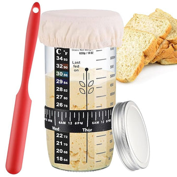 Sourdough Starter Jar – 24oz Wide Mouth Fermentation Jar with Thermometer, Reusable Glass Container for Bread Baking (Type-A/Type-B)