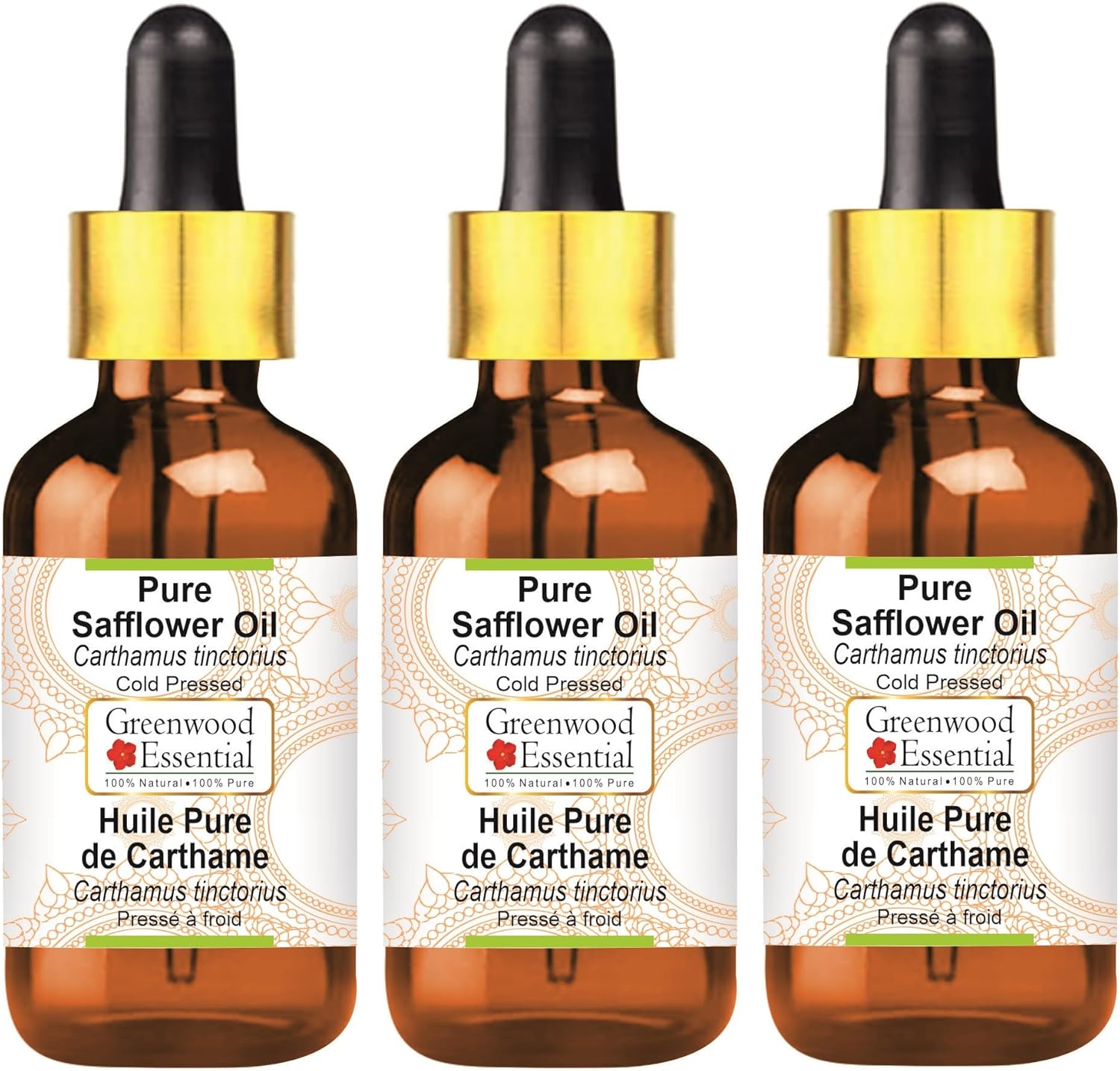 Greenwood Essential Pure Safflower Oil (Carthamus Tinctorius) With Glass Dropper Cold Pressed 100Ml X 3 (10 Oz)