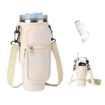 Water Bottle Carrier Bag with Strap & Pocket – Fits Stanley 40oz Tumbler, Neoprene Holder for Walking & Travel