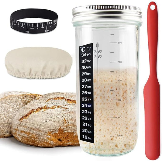 Sourdough Starter Jar – 24oz Wide Mouth Fermentation Jar with Thermometer, Reusable Glass Container for Bread Baking (Type-A/Type-B)