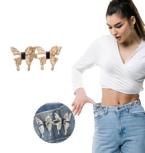 Butterfly Jeans Tight Buttons – Adjustable No-Sew Waist Tightener for Jeans and More 57mm, Metal (Packof2)