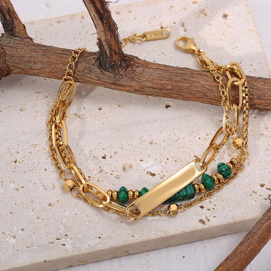 Cross-Border Stainless Steel Bracelet with 18K Real Gold Plating & Natural Stones – Three-Layer Design