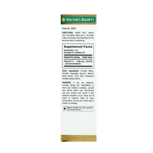 Nature'S Bounty Vitamin B12 5000 Mcg Sublingual Liquid, Cardiovascular Health & Cellular Energy Support, 2 Fl Oz (1 Count)
