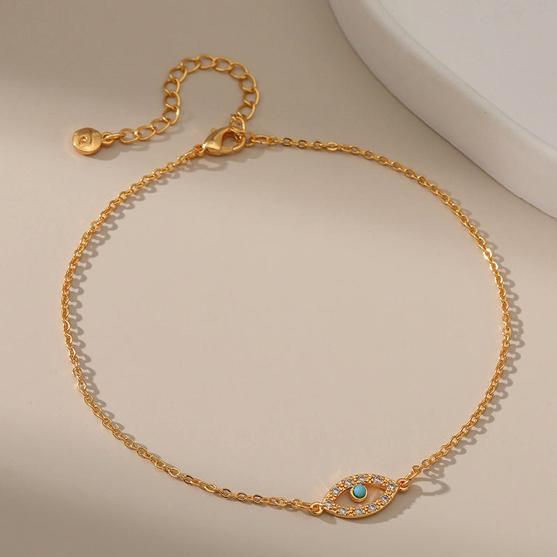 18K Real Gold Hollow Eye Turquoise Anklet – Inlaid Zircon Foot Jewelry, Niche Wholesale Style