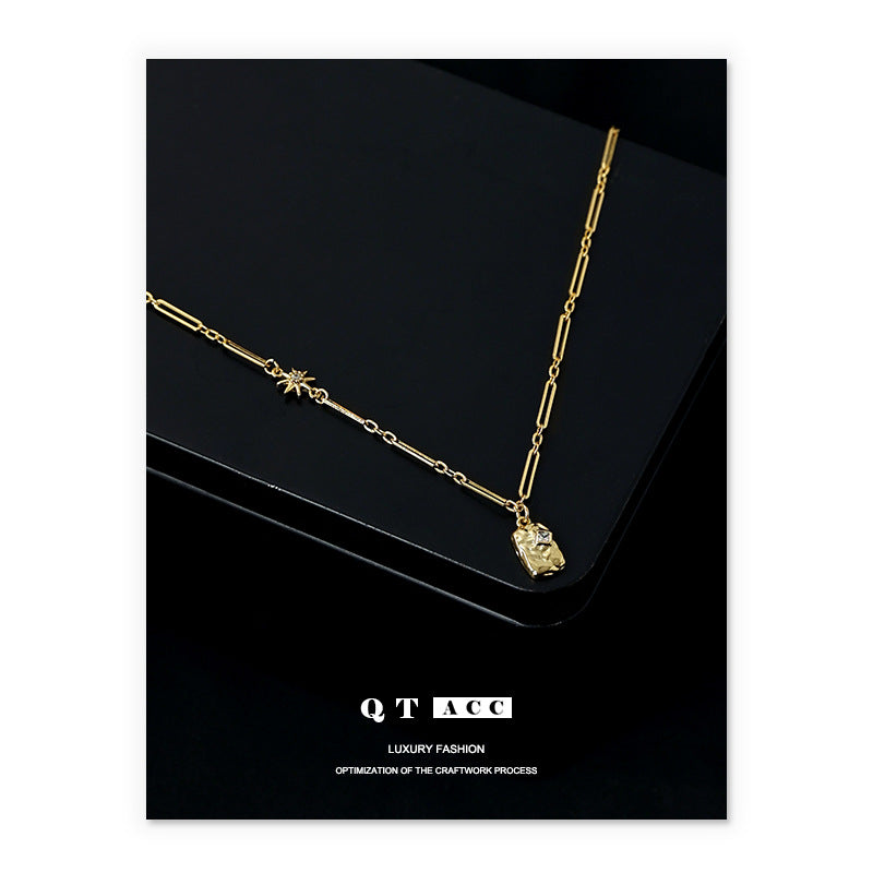Handmade 18K Real Gold Plated Square Zircon Pendant Necklace – French Light Luxury Clavicle Chain for Women