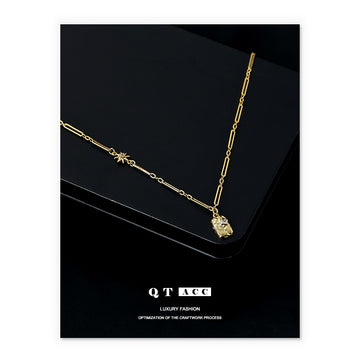 Handmade 18K Real Gold Plated Square Zircon Pendant Necklace – French Light Luxury Clavicle Chain for Women