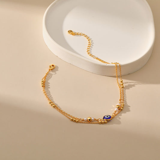 Classic Turkish Blue Eye Anklet – Multi-Layer Chain, 18K Gold Plated, Color-Preserving Foot Jewelry
