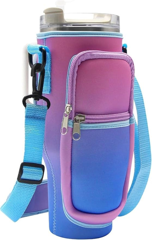 Water Bottle Carrier Bag with Strap & Pocket – Fits Stanley 40oz Tumbler, Neoprene Holder for Walking & Travel