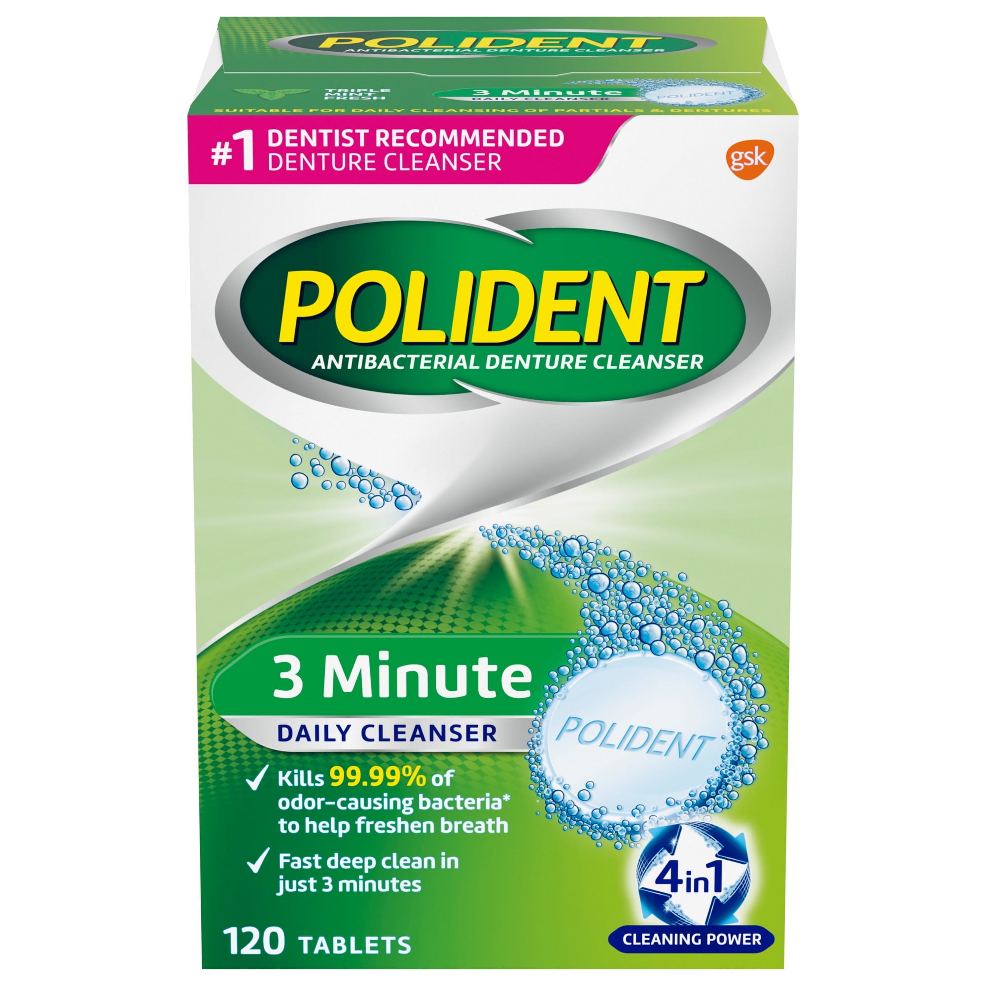 Polident 3 Minute Antibacterial Denture Cleanser Tablets, Triple Mint