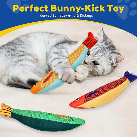 PetPrana Cat Toys, 3 Pack Catnip Fish Kickers with Crinkle Sound, Durable Plush Toys for Indoor Cats and Kittens, 9.4"