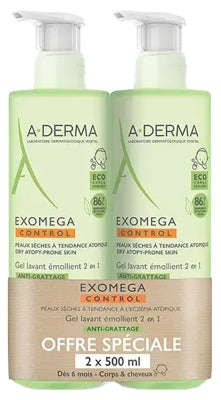 A-Derma Exomega Control Anti-Scratching 2In1 Emollient Cleansing Gel 2 X 500Ml