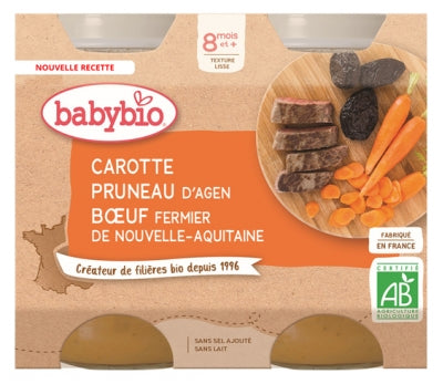 Babybio Carrot Agen Prunes Farm Beef Of Nouvelle-Aquitaine 8 Months And + Organic 2 Jars Of 200G