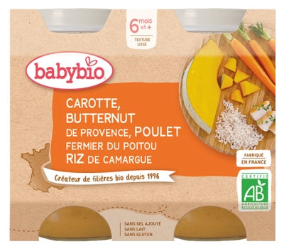 Babybio Carrot Butternut Of Provence, Farm Chicken Of Poitou Camargue Rice 6 Months And + Organic 2 Jars Of 200G