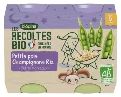 Blédina Les Récoltes Organic Peas Mushrooms Rice From 8 Months Organic 2 Jars