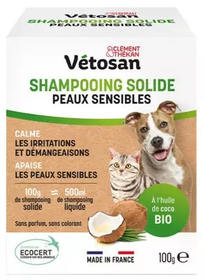 Clément Thékan Vétosan Shampoing Solide Peaux Sensibles Chiens Et Chats Bio 100 G