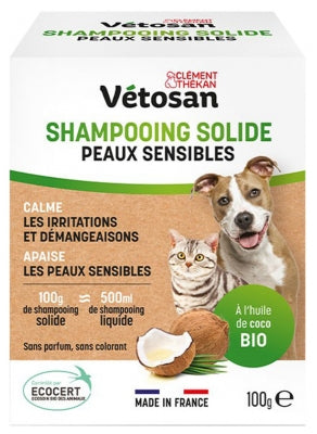 Clément Thékan Vétosan Shampoing Solide Peaux Sensibles Chiens Et Chats Bio 100 G