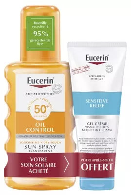 Eucerin Sun Protection Oil Control Sun Spray Transparent Spf50+ 200Ml + Sensitive Relief After-Sun Cream-Gel 50Ml Free