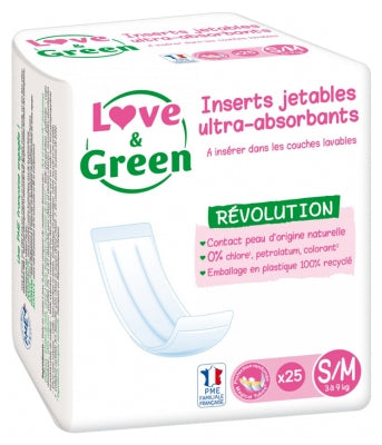 Love & Green Disposable Ultra-Absorbent Inserts For Washable Diapers S/M 25 Inserts