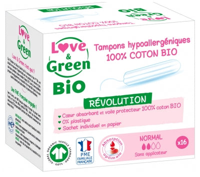 Love & Green Hypoallergenic 100% Organic Cotton Tampons 16 Regular Tampons Without Applicator