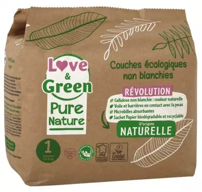 Love & Green Organic Diapers Pure Nature 32 Diapers Size 1 Birth (2 To 5Kg)