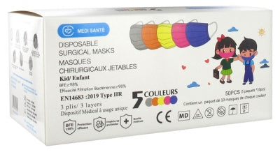 Médi-Santé Child Surgical Disposable Mask Type Iir Efb 98% 5 Colors 50 Masks