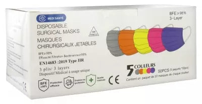 Médi-Santé Disposable Surgical Mask Type Iir Efb 98% 5 Colours 50 Masks