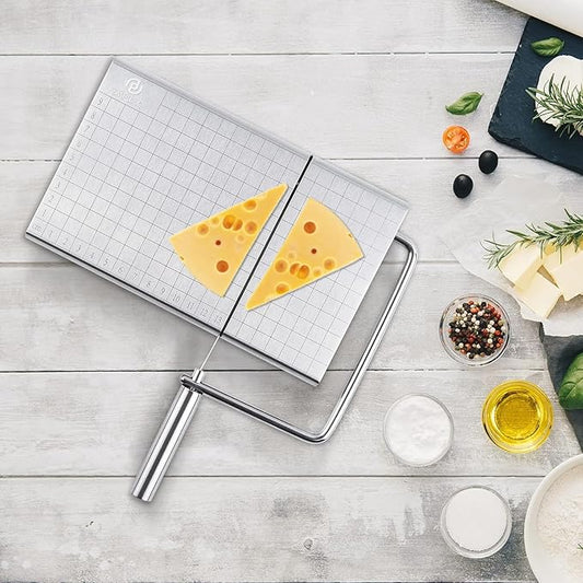 Stainless Steel Cheese Cutter – Durable Wire Cheese Slicer with 6 Replacement Wires, Multipurpose Butter, Sausage & Ham Cutting Board