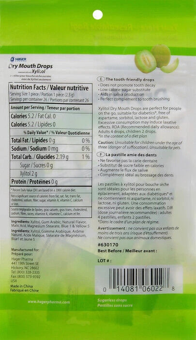Hager Pharma Dry Mouth Drops with Xylitol – Melon Flavor, 26 Count, Pack of 3