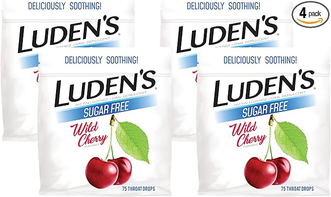 Ludens Sore Throat Drops, for Minor Sore Throat Relief, Sugar Free Wild Cherry, 75 Count (Pack of 4)