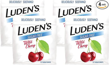 Ludens Sore Throat Drops, for Minor Sore Throat Relief, Sugar Free Wild Cherry, 75 Count (Pack of 4)