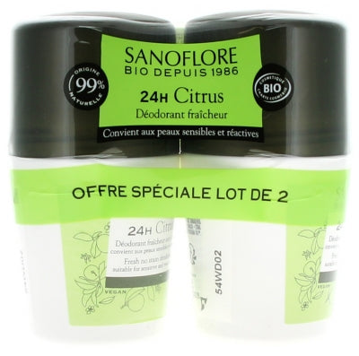 Sanoflore 24H Citrus Freshness Deodorant Anti-Marks Roll-On Organic 2 X 50Ml