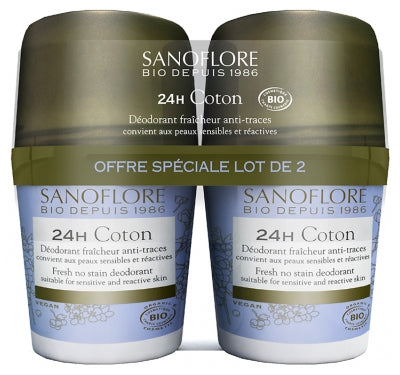 Sanoflore 24H Cotton Freshness Anti-Mark Roll-On Organic 2 X 50Ml