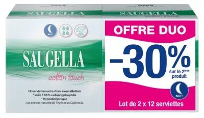 Saugella Cotton Touch Night 2 X 12 Extra-Thin Napkins With Fins