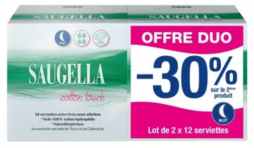 Saugella Cotton Touch Night 2 X 12 Extra-Thin Napkins With Fins