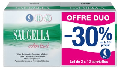 Saugella Cotton Touch Night 2 X 12 Extra-Thin Napkins With Fins