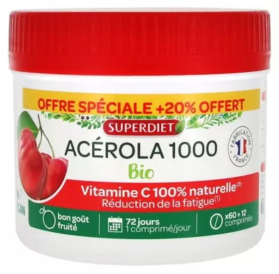 Superdiet Acerola 1000 Organic 60 Breakable Tablets To Crunch + 12 Free Tablets